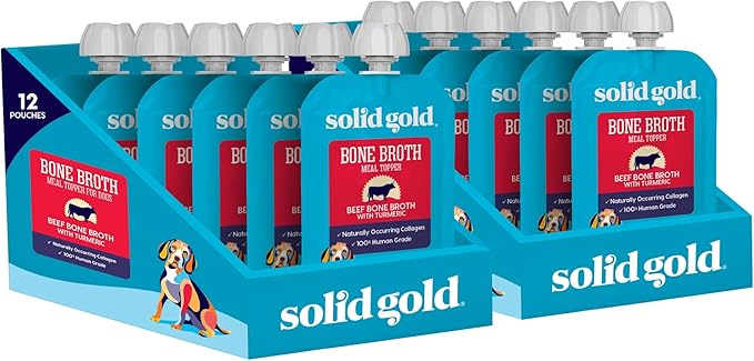 Solid Gold Beef Bone Broth for Dogs - Limited Ingredient Bone Broth Dog Food Toppers for Picky Eaters with Collagen & Superfoods - Dog Gravy Topper for Dry Food - Gut Health & Hydration - 12 Pack