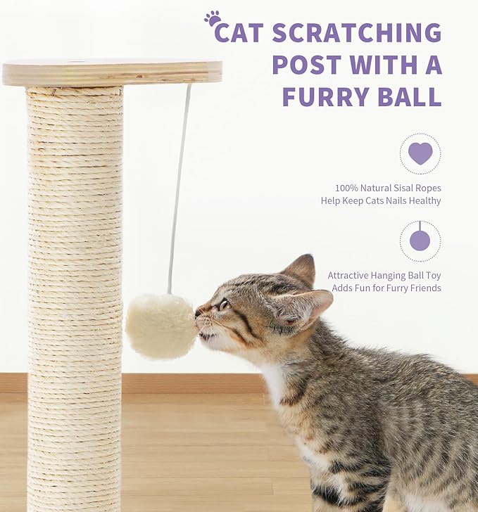 Made4Pets Cat Scratching Post Cat Scratcher Kitten Toys for Indoor Cats Wooden Ball Track Two-Layer Modern Sisal 17.7" Tall Scratch Post Interactive Toy with Dangling Ball