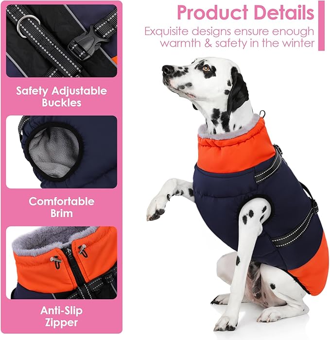 AOFITEE Dog Coat for Large Dogs, XXXL Dog Winter Jacket with Harness Built in, Turtleneck Cold Weather Coat for Extra Large Dogs, Reflective Pet Fleece Jacket with Zipper for Great Dane, Blue 3XL