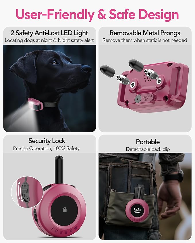Jugbow Dog Shock Collar - 3/4 Mile Dog Training Collar with Remote for Large Medium Small Dogs, Rechargeable IPX8 Waterproof E-Collar with 3 Training Modes, LED Light & Security Lock (Pink)