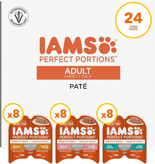 IAMS Perfect Portions Adult Wet Cat Food Pate, Chicken, Salmon, and Tuna Recipe Variety Pack, 2.6 oz. Easy Peel Twin-Pack Trays (24 Count, 48 Servings)