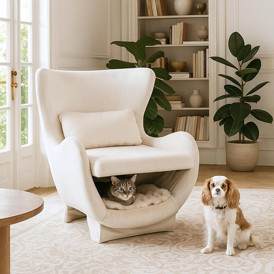 Velvet Chair with Cat Bed for Cats Lover, Pet-Friendly Wing Back Single Sofa with Pet Nest for Living Room, White.