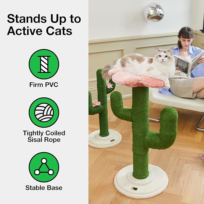 VETRESKA 41.3" Cat Scratching Post with Bed, Tall Cat Scratch Post for Indoor Cats, 2-in-1 Cat Tree Tower, Extra Large Sisal Cat Scratcher Durable Cat Scratch Tree Tower with Soft Cozy Fluffy Perch