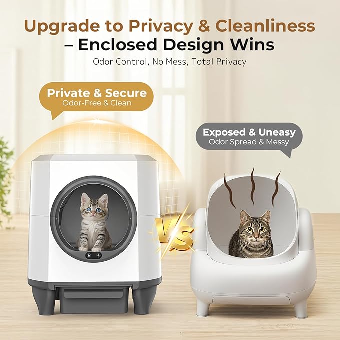 Self Cleaning Litter Box, Large Capacity Automatic Cat Litter Box with APP Control, Safety Sensors, Built-in Deodorizing Scent Box, and 1 Roll Garbage Bags ，White