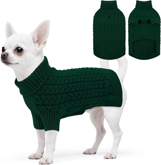 SAWMONG Dog Sweater, Dog Sweaters for Small Dogs Girls Boys, Pullover Turtleneck Knitted Doggy Sweatshirt, Cold Weather Pet Clothes（Green, Small