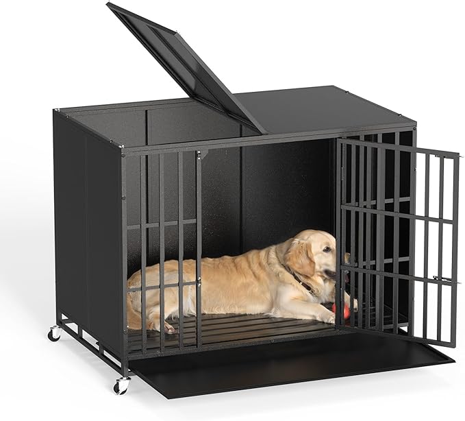 LEMBERI 48/42 inch Heavy Duty Indestructible Dog Crate, High Anxiety Extra Large Dog Cage for Large Dogs, XL Steel Escape Proof Dog Kennel with Wheels and Removable Tray