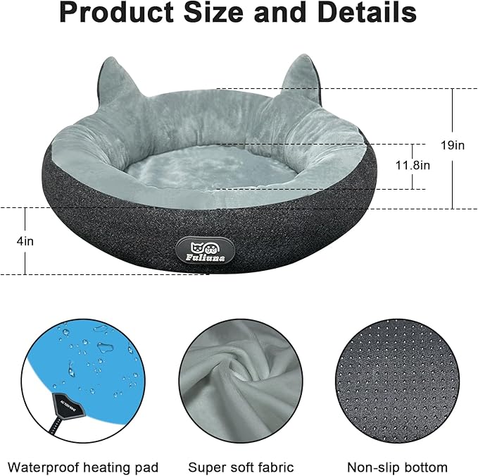 Heated Cat Bed for Small Size Cats, Soft & Cozy Donut Heated Pet Bed with Timer & Temp Adjustable Pet Heating Pad for Indoor Cat, Round Electric Cat Bed Heater Warmer., gray