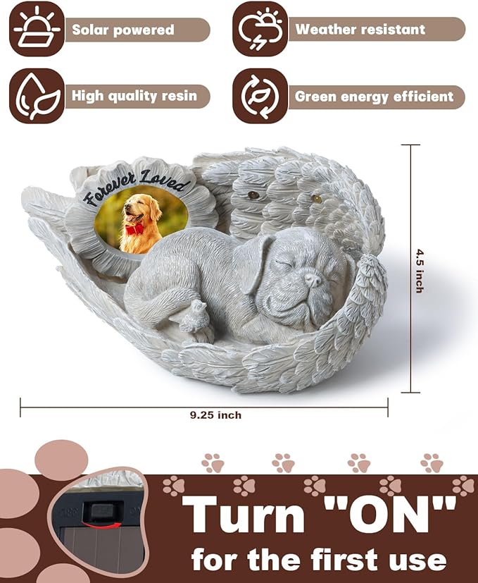 Dog Memorial Gift, Angel Memorial Dog Statue with Photo Frame, Forever My Guardian Angel Garden Solar Light Dogs for Pet Memorial Stone