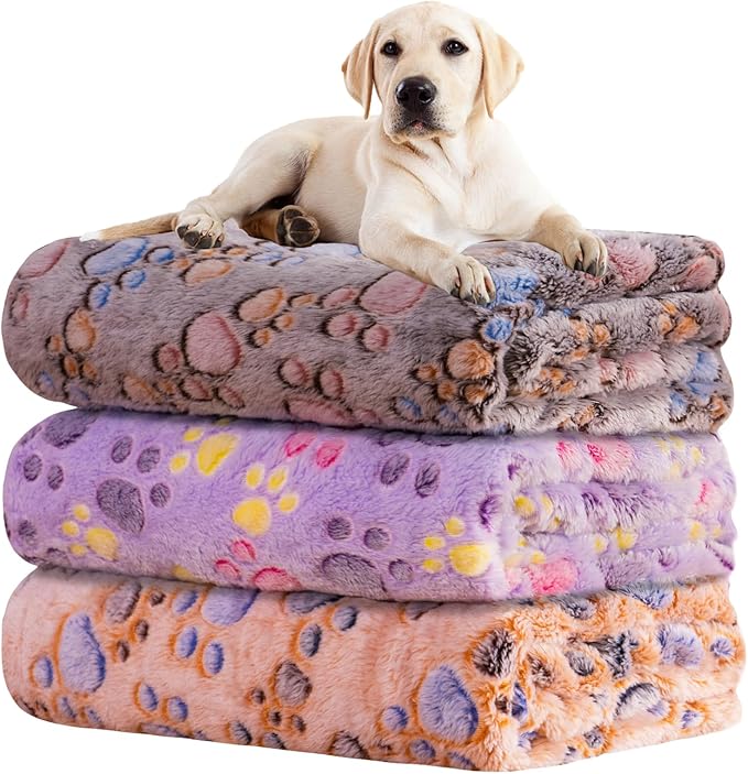 Rezutan 1 Pack 3 Blankets for Dogs, Dog Blanket for Large & Medium Pet Cat, Premium Soft Fluffy Suitable for Dog Kennels & Beds, Sofas, Gifts Puppy Essentials, 41x31inch, Tan/Purple/Brown
