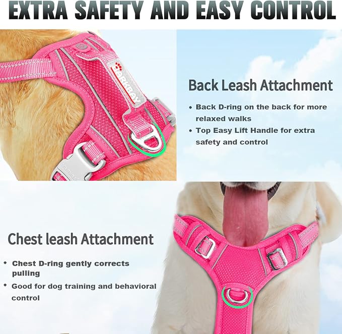 BARKBAY No Pull Dog Harness Large Reflective Dog Harness with Front Clip and Easy Control Handle for Walking Training Running with ID tag Pocket(Pink,M)