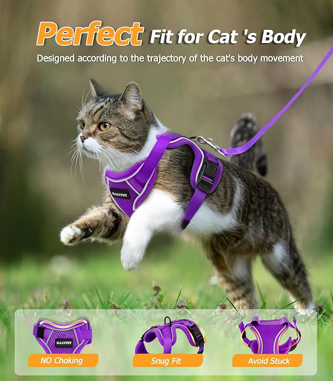 Halypet Cat Harness and Leash Set [MAX Safety 4th-Gen Upgrade] Escape Proof Adjustable Cat Leash Comfortable Soft Vest Easy to Wear Kitten Harness with Reflective Strip for Cats Walking, XS Purple