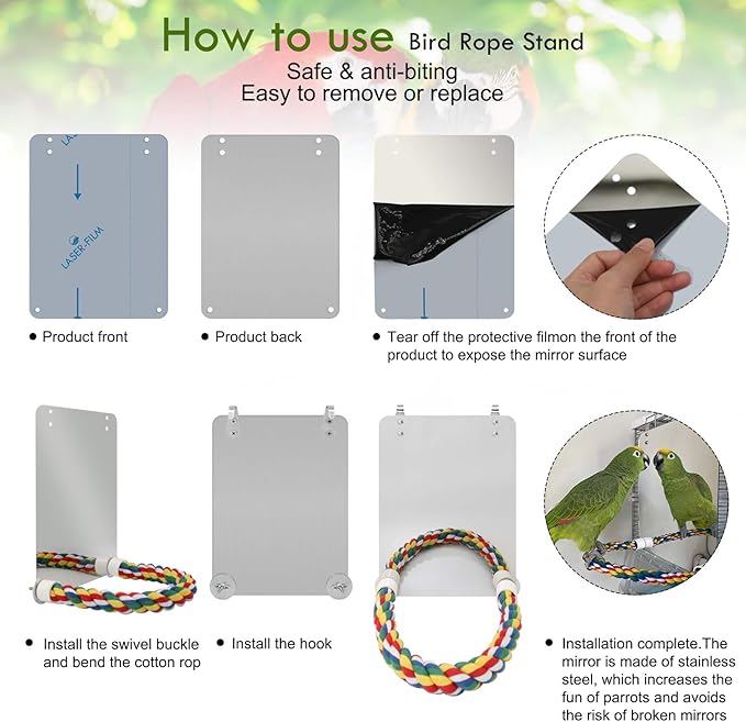 BWOGUE 7 Inch Bird Mirror with Rope Perch Cockatiel Mirror for Cage Bird Toys Swing Parrot Cage Toys for Parakeet Cockatoo Cockatiel Conure Lovebirds Finch Canaries