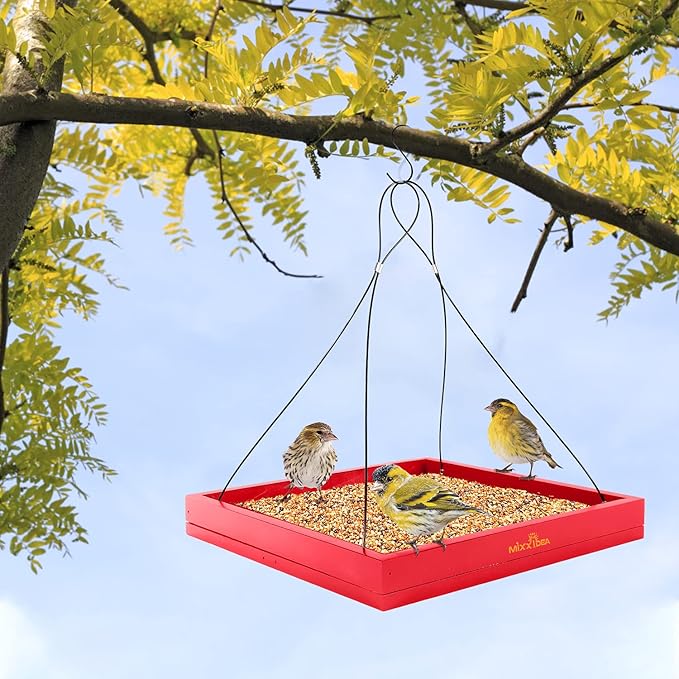 MIXXIDEA Bird Feeder Hanging Tray Seed Tray Wooden Platform Hummingbird Feeder Hanging Tray Mesh Seed Platform for Garden Yard Outside Decoration Attracting for Wild Birds (Red-1pk)