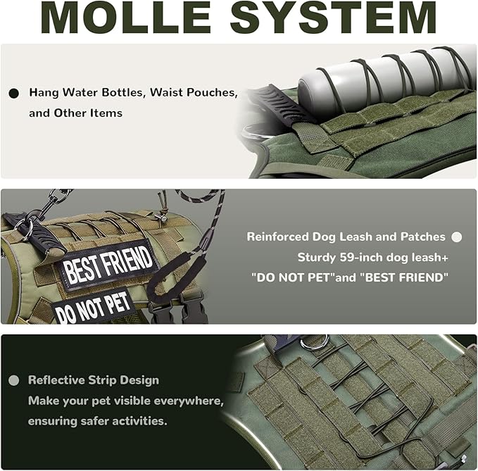 Tactical Dog Harness for Large Dogs,No Pull Adjustable Tactical Dog Harness and Leash Set,Reflective Dog Vest Harness for Training and Walking Green L