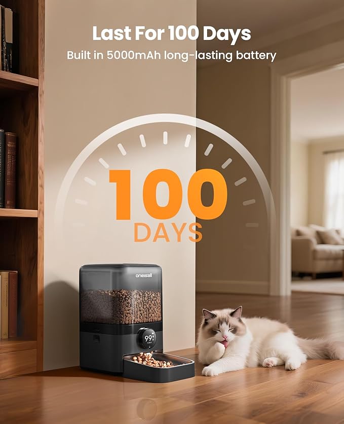 oneisall Cordless WiFi Automatic Cat Feeder, Rechargeable 100-Day Battery Operated Pet Feeder, 20 Cups/5L Timed Cat Food Dispenser for Large Kibble, Smart App Control (Black)
