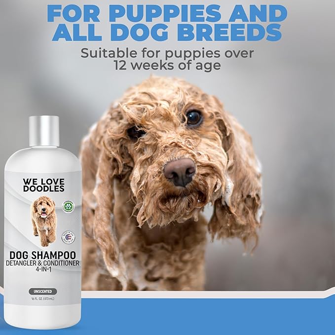 Dog Shampoo, Conditioner & Detangler - Best Shampoo for Goldendoodles, Poodles & Doodles - for Matted Pet Hair - Sensitive Skin Shampoo for Puppies - Made in The USA, 16OZ (Unscented)