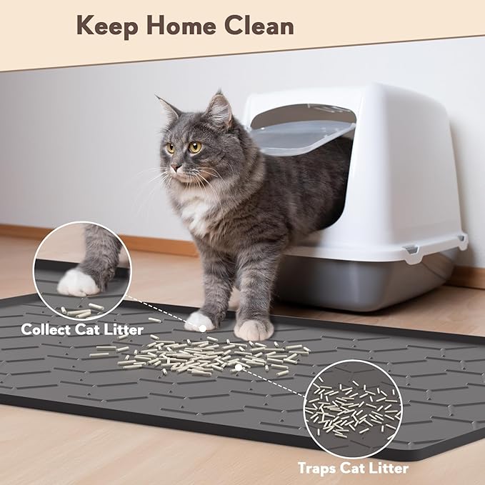 Silicone Cat Litter Trapping Mat, Large Waterproof 34" X 22" Cat Litter Box Mat, Easy to Clean, Black