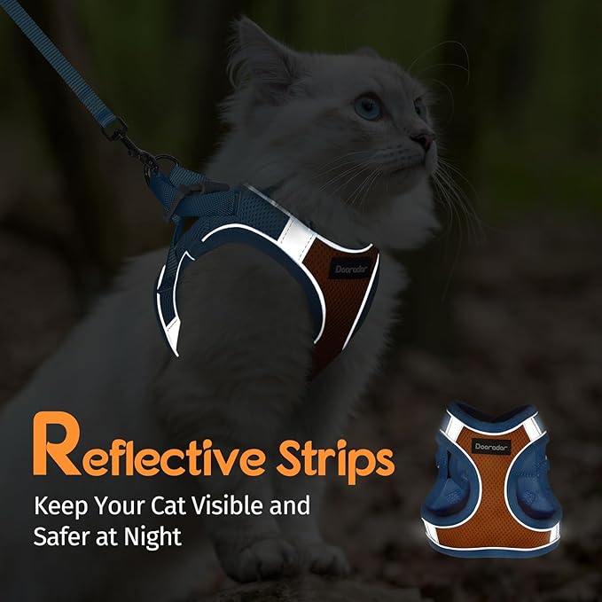 Dooradar Cat Harness and Leash Set, Escape Proof Lightweight Kitten Harness, Soft Breathable Reflective Vest for Outdoor Walking Traveling, Adjustable for Small Cats, Orange & Blue, S