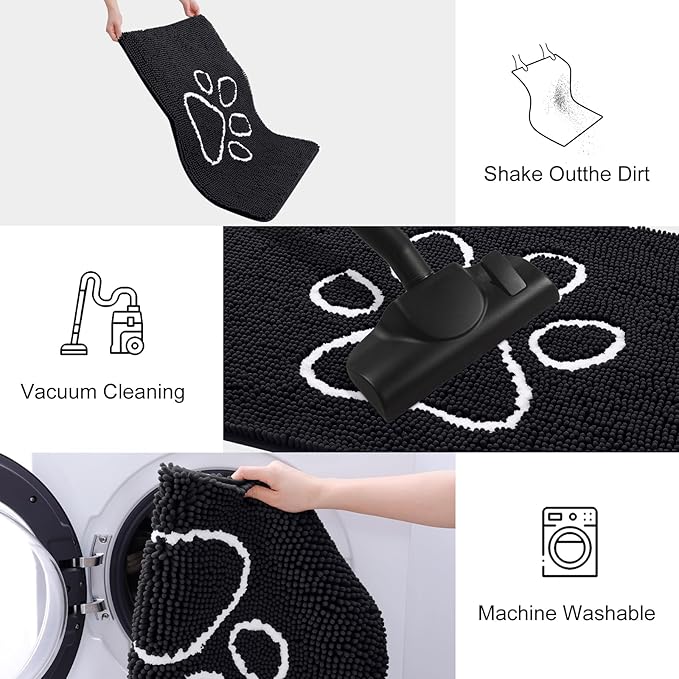 Smiry Dog Door Mat for Muddy Paws, Absorbent Dirt Trapper Non Slip Quick Dry Washable Chenille Mat for Mud Dogs, Entry Rug for Indoor and Outdoor (71x46 Inches, Black)