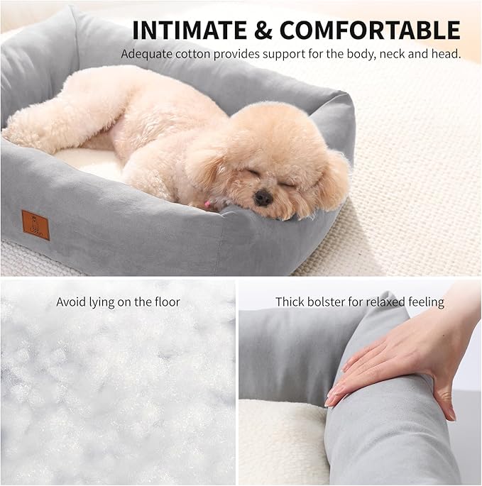 25In Dog Bed for Small Medium Sized Dogs - Washable Rectangle Puppy Bed for Indoor Outdoor, Cozy Pet Bed with Support Pillow & Non-Slip Bottom(Pale Grey, Medium)