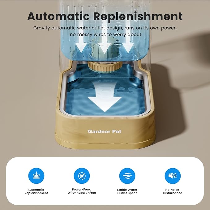 Gardner Pet Automatic Dog Water Dispenser Gravity Waterer with Stainless Steel Bowl Water Dispenser 6.5L Large Capacity Water Feeder with Filters for Dogs Cats Pets, BPA-Free Noise-Free (Brown, 6.5L)