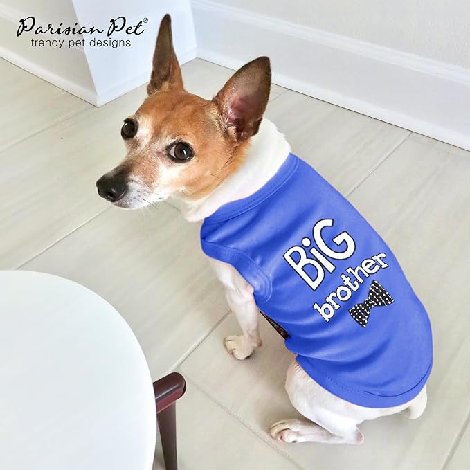 Parisian Pet Dog T-Shirt with Embroidered ' Big Brother ' Words - 100% Cotton, Big Brother Dog Shirt - Sleeveless Pet Vest - Machine Washable Blue Shirts for Small Dogs, XS