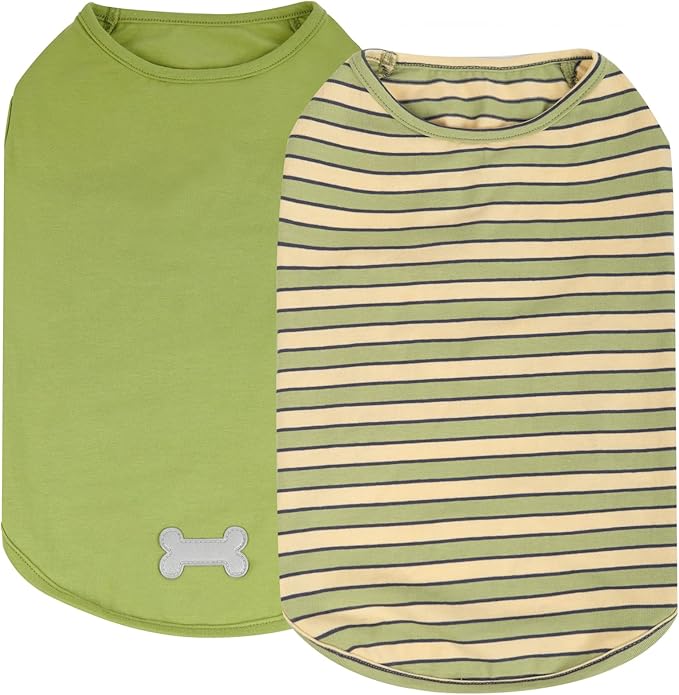 KYEESE 2Pack Dog Shirts Small Tee Soft for Small Dogs Striped T Shirt Lightweight Sleeveless Vest Cotton Tank Top Clothes, Large,Green+Striped