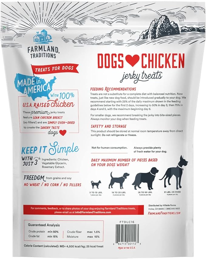Farmland Traditions Dogs Love Chicken Jerky Dog Treats with Only 3 Ingredients and No Fillers, 1 Pound Bag