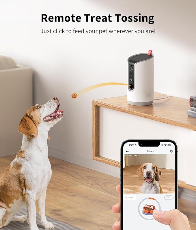 2K Pet Camera Treat Dispenser, 360°View Dog Camera with Phone App, 5G&2.4G WiFi 2-Way Talk Pet Cam Indoor for Cats Remote Treat Tossing, Motion Alerts, Auto Tracking