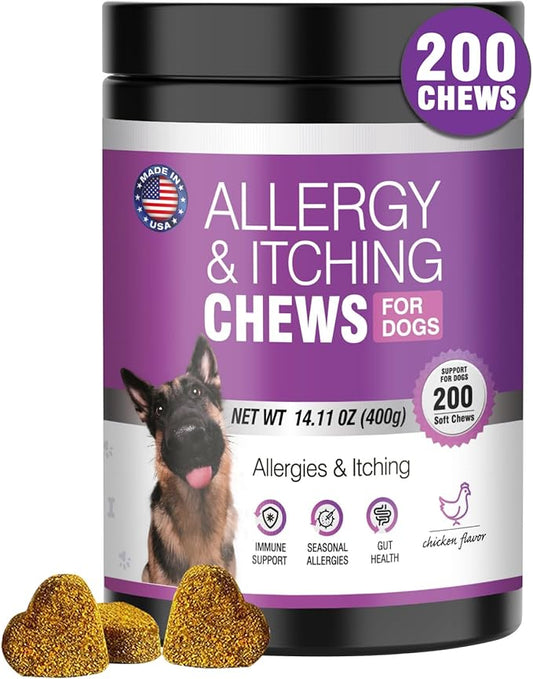 Dog Allergy Chews 200ct - Dog Allergy and Itching Skin Relief Anti Itch Aller Immune Bites for Dogs licking Itching Paws Treatment Itchy Relief Chew Probiotics Vitamins for Skin and Coat Allergies