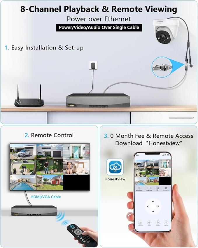 OOSSXX (4K HD & 130° Ultra Wide-Angle) 2-Way Audio 8MP Wired Dome PoE IP Cameras for Home Security Outdoor Camera System, 4Pcs Dome Cameras/4Pcs Bullet Camera, Smart PIR Detection