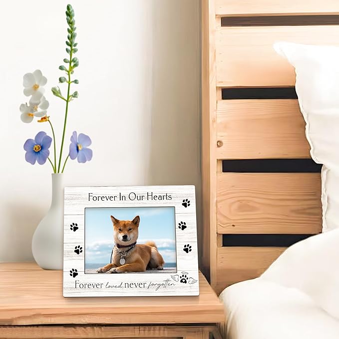 Dog Memorial Picture Frame 5x7, Memorial Pet Photo Frame, Dog Cat Memory Gifts for Loss of Dogs Cats, Forever in Our Hearts Sympathy Gifts Wooden Picture Photo Frames for Desk Home Room Decor
