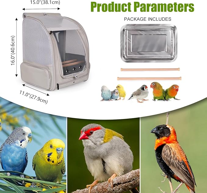 Cockatiel Carrier Backpack for Small to Medium Bird, Portable Bird Travel Carrier Cage with Standing Perches and Metal Tray, Breathable Transport Bag for Parakeet, Budgie, Conure, Cockatiel, Parrot