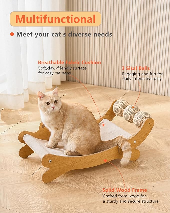 Cat Scratcher,Scratching Post,and Hammocks with Sisal Ball Toys Wooden Cat Beds & Furniture are Sturdy and Durable for All Types of Cats to Play and Relax Indoors