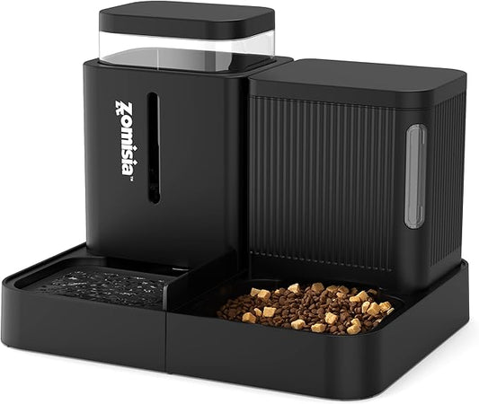 Gravity Cat Feeder and Water Dispenser, 2 in 1 Automatic Cat Feeder with 180 Degree Rotatable, 2 Pack Large Capacity Self Feeding for Small Medium Dog Puppy Kitten, Black, 1.6GALx2