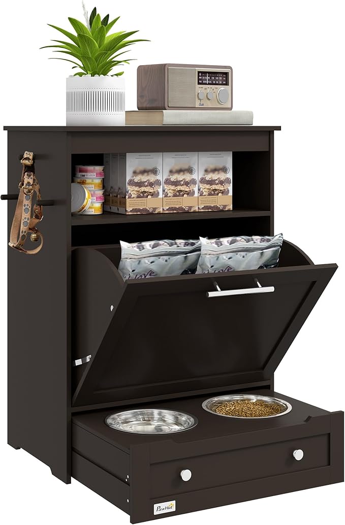 PawHut Dog Feeding Station with Storage, Pet Feeder Cabinet Container with Raised Bowls and Hanger for Feeding & Watering Supplies, Dog Food Organizer, Brown