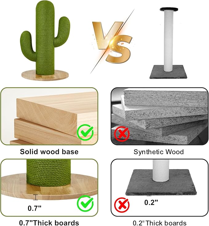 Cat Scratching Post with Solid Wood Base,27.55" Hx17.71 Lx17.71 W Tall Scratching Posts for Indoor Cats Adults,Cactus Thick Columns,Durable Lambswool and Jute,Large Scratcher Post (Small)