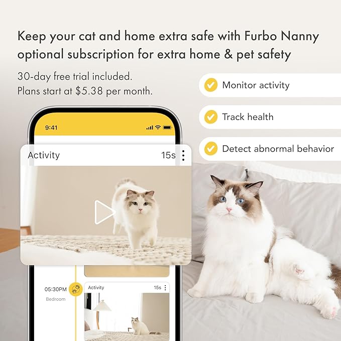 Furbo 360° Cat Camera: Pet Security Cam w/Meowing Alerts, Rotating View, Treat Toss w/Phone App, Smart Home Kitty Monitoring, 2-Way Speaker, No Subscription Needed. Standard See, Talk, & Toss Features