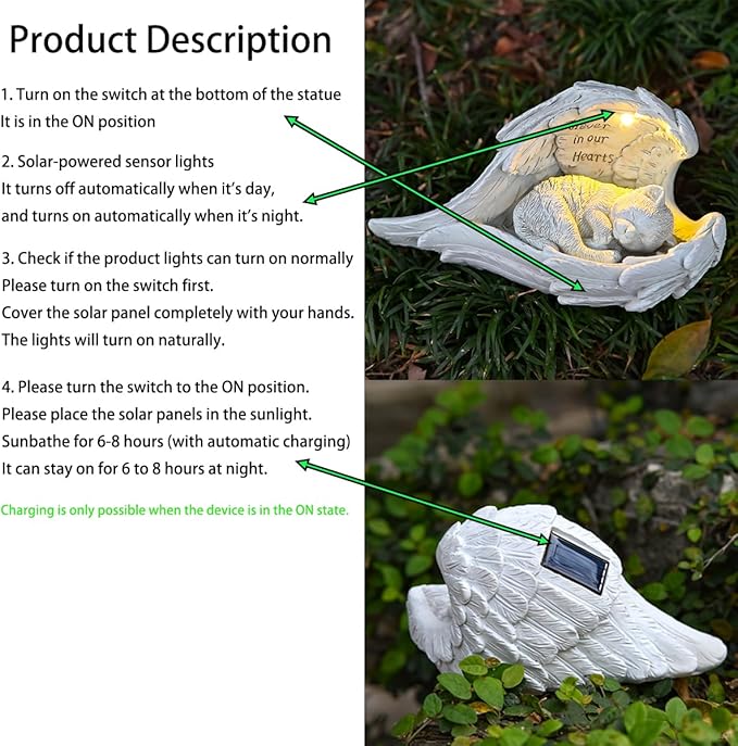 Angel Cat Memorial Statue with Solar Light Forever in Our Hearts Resin Pet Memorial Figurine Comforting Cat Angel Statue for Garden/Yard/Home | Solar Powered Night Light Gift for Pet Loss