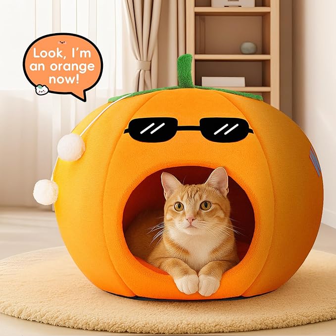 Cute Cat Beds for Indoor Cats, Small Dog Beds, Soft Washable Pet Beds for Kitten and Puppy, Funny Orange Cat Cave, 19 Inches