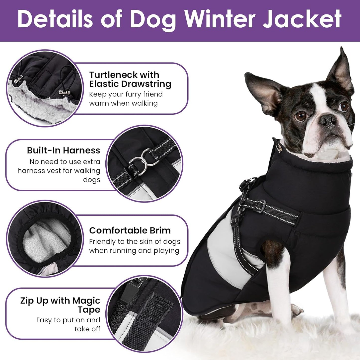 SUNFURA Dog Coat, XXL Dog Jacket Winter with Harness Built in, Waterproof Pet Snow Jacket with Furry Collar for Chilly Day, Reflective Fleece Snowsuit for Extra Large Dogs, Black 2XL