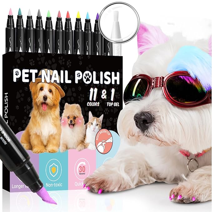 Dog Nail Polish，Gel Top Coat, 11 Colors Nail Polish Pens Quick Dry And 1 TOP Gel Pen Set, Non Toxic Dog Accessories,DIY Dogs Puppy Nails,Quick Dry, Long Lasting