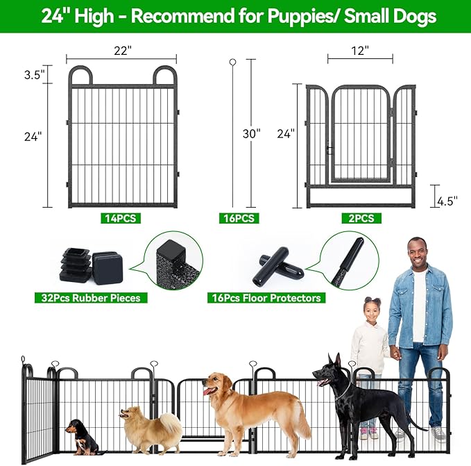 Puppy Playpen 16 Piece Panels Small Dog Fence Outdoor Indoor Use 24" Height Anti-Rust with Doors Portable Dog Play Pen for RV Camping Yard, Total 29FT, 68 Sq.ft, Snowy Black