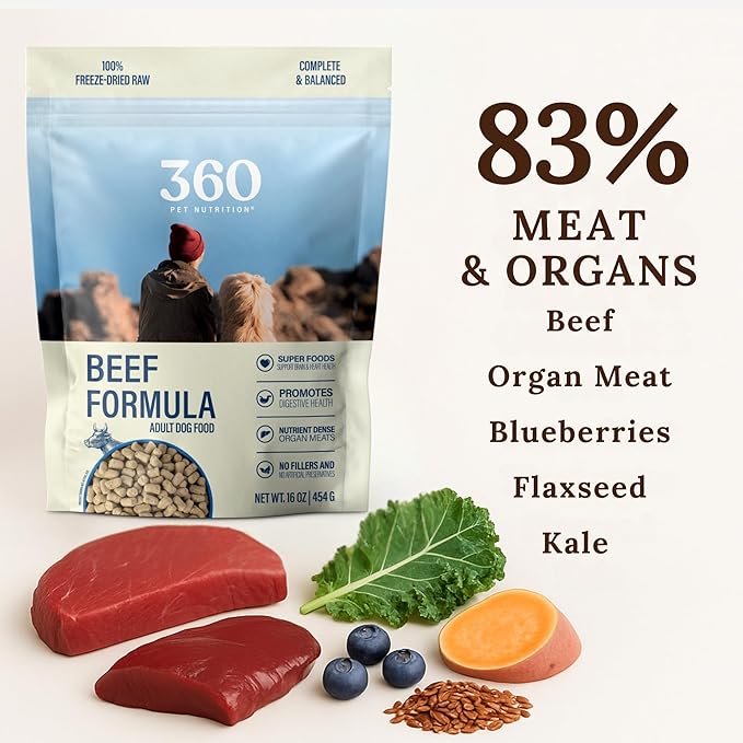 360 Pet Nutrition Freeze-Dried Raw Dog Food – Beef Recipe with Liver & Organs, High Protein with Omega-3s, Fruits, Veggies & Superfoods, Grain-Free, No Fillers, 1 lb – Made in USA