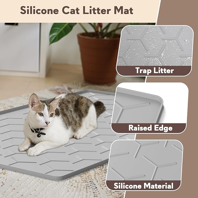 Cat Mat for Litter Box, Large 34" X 22" Cat Litter Mat, Waterproof Silicone Pad for Floor, Gray
