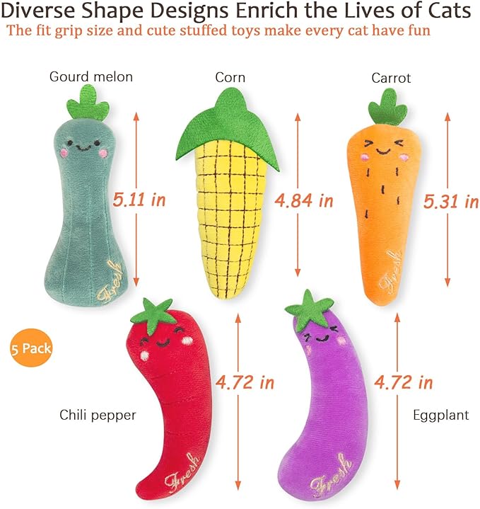 Catnip Cat Toys, Interactive Indoor Cat Nip Toy Kitty Kicker, Durable Kitten Teething Chew Toy, 5 Pack, Vegetable Shape