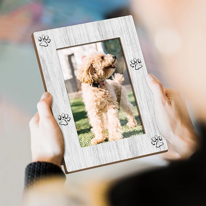 Pet Picture Frame, Paw Print Photo Frame for Dog Cat, Gifts for Pet Lover Pet Owner Wooden Picture Frame, 4"x6" Photo Frame for Tabletop Display, Home Office Desk Decor Shelf Display/XK59