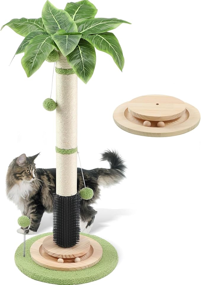 39.4'' Tall Cat Scratching Post,3.5 Inch Wide Sisal Rope Scratching Post for Indoor Adults Kittens,Cat Scratcher with Stable Solid Wood Base Interactive Ball Toys Self Groomer Brush for Large Cats