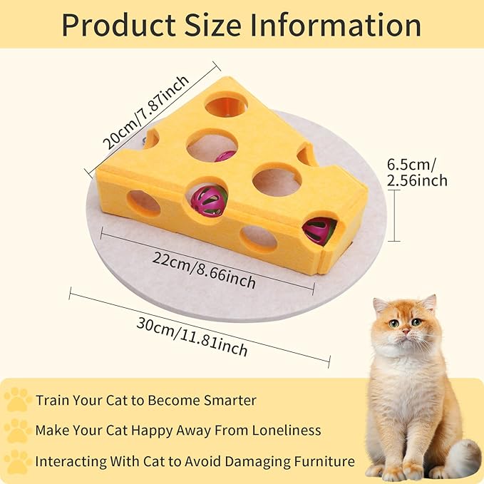 Interactive Felt Cat Toy Box for Indoor Cats,Puzzle Toy with 3 bell Balls & Spring Teaser Pet Games Self Play Fun Exercise Hide Seek Moving Cat Toy for Bored Cats Encourages Hunting Instincts (Yellow)