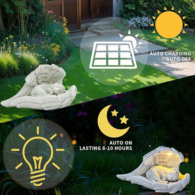 Angel Cat Memorial Statue with Solar Light Forever in Our Hearts Resin Pet Memorial Figurine Comforting Cat Angel Statue for Garden/Yard/Home | Solar Powered Night Light Gift for Pet Loss